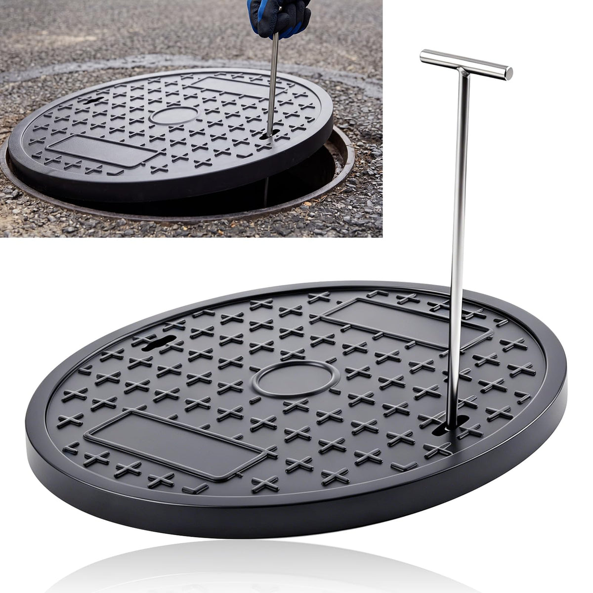Round Manhole Cover 20 Inch, Hook, Black Recessed Lid - Image 1
