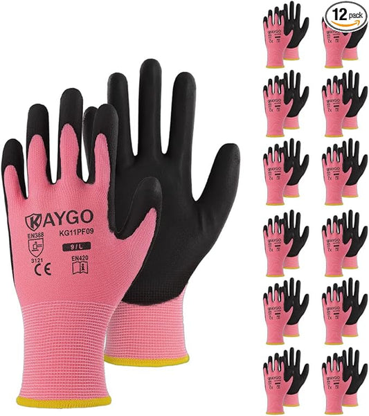 KAYGO Work Gloves for Men and Women,12 Pairs Seamless Knit PU Coated Safety Gloves, with Smooth Grip on Palm and Fingers, Ideal for Light Warehouse, Manufacturing, Gardening, KG11P (XS,Pink)