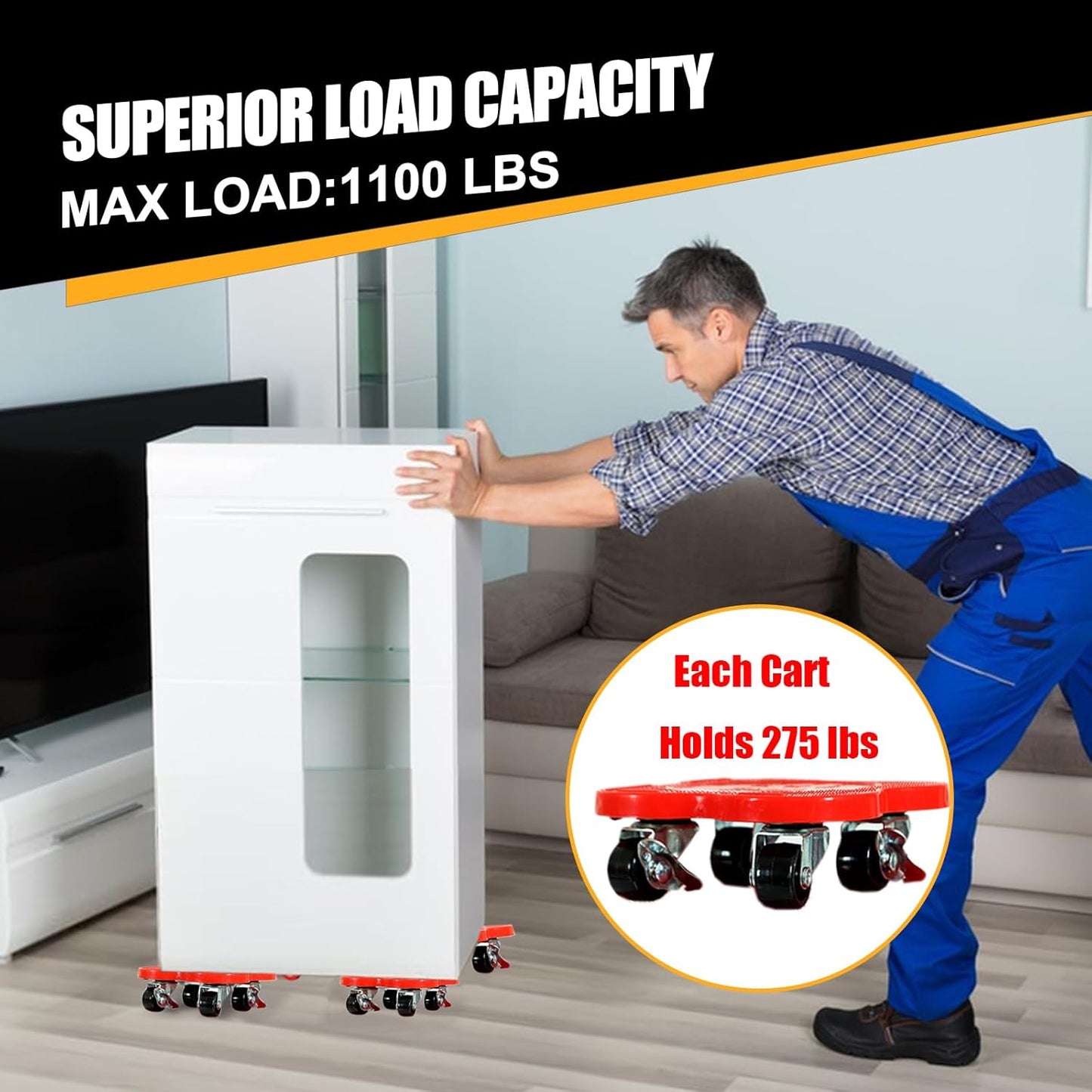 Furniture Mover Dolly Sliders with Brake Wheels (4-Pack) — 360° Rotation, Up to 1,100 lbs