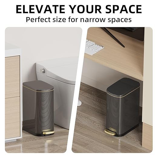 2.6 Gal Bathroom Trash Can with Soft Close Stay Open Lid, Small Rectangular 10L Stainless Steel Waste bin for Narrow Space, Waterproof, Odor Protection, Titanium Black
