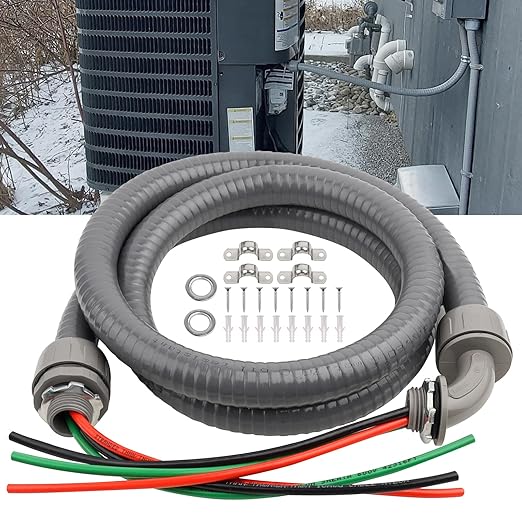 1/2Inch Outdoor Electrical Whips Kit, 6 FT Nonmetallic Liquid Tight Flexible Conduit Wire with 3 Conductors 10 Gauge THHN Electrical Wires, A/C Disconnect Box Power Whips Assembly (6FTx1/2Inch)