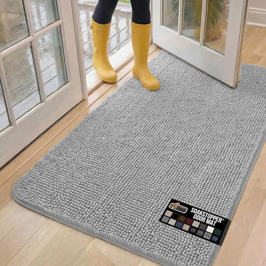 GORILLA GRIP SoakSTOPPER Dog Door Mat, 60x36 Machine Washable Rug Absorbent Doormat Captures Moisture Mud Dirt, Quick Dry Soft Chenille Entryway Rugs Indoor Entrance Mats for Dog Paws, Light Gray