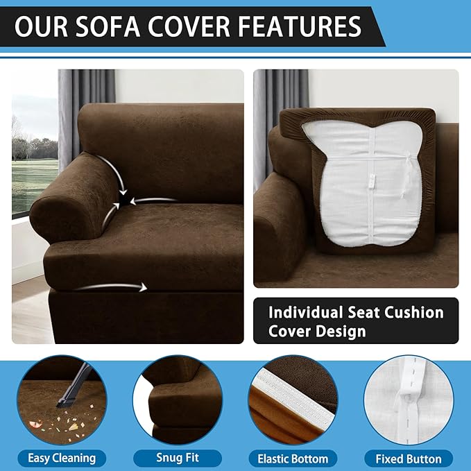 4-Piece T Cushion Sofa Slipcovers - Leather Look Couch Cover for 3 Cushion Couch - Furniture Protector - Stretch Sofa Cover with 3 Individual Seat Covers - Washable, Dark Brown