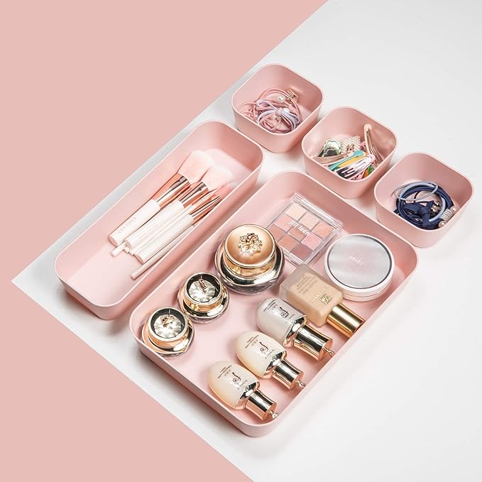 Backerysupply Set Of 12 Pink Color Plastic Desk Drawer Organizers For Makeup Bathroom Office Kitchen Vanity Drawer Storage Box Container