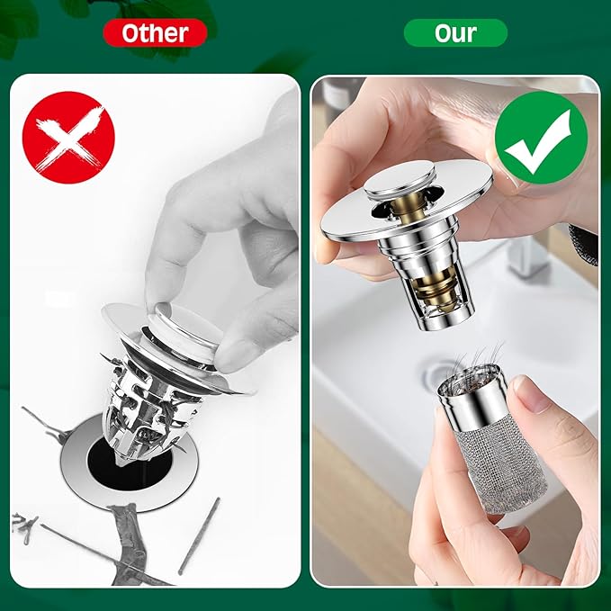 3 in 1 Sink Drain Strainer with Hair Catcher,2PCS Stainless Steel Popup Sink Stopper with Basket for Bathroom Kitchen Shower,Pop-up Bounce Core Floor Basin Drain Filter,Replacement Sink Plug