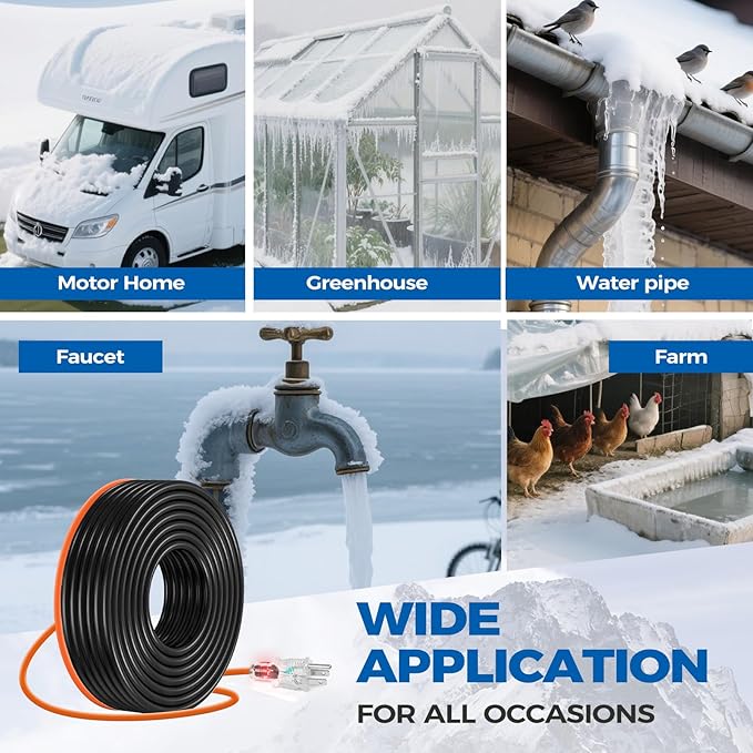 135FT（3FT-200FT） Pipe Heating Cable for Pipe Freeze Protection, Heat Cable for Water Pipes(Metal and Plastic), Pipe Heat Tape Keeps Water Flowing at -40°F 5w/ft, 120V Plumbing fixture