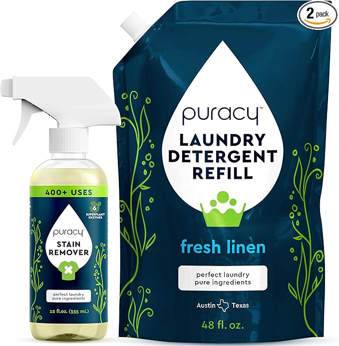 Puracy 12oz Stain Remover Laundry Stain Remover Spray for Clothes, Enzyme-powered Natural Liquid Laundry Detergent 48oz Refill Free & Clear 12oz & Fresh Linen 48oz Bundle