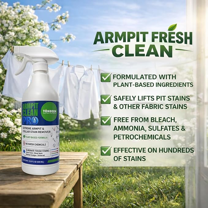 Sweat & Deodorant Armpit Stain Remover Spray for Clothes, Multi-Stain Cleaning Solution - Yellow Mark Tough Stain Buildup Remover - 16.9 oz