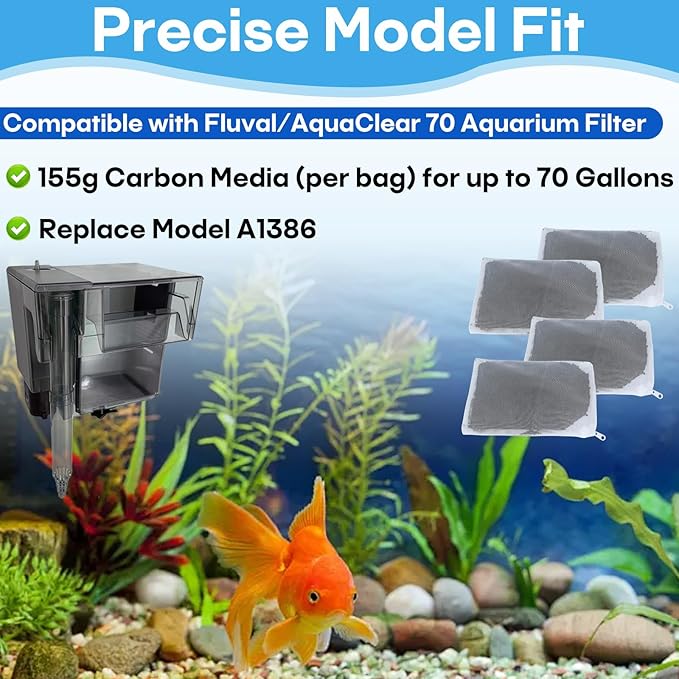 4-Pack Activated Carbon Inserts Replacement for AquaClear 70 Aquarium Filter（155-gram / Bags）,Carbon Media Fit for Fluval AquaClear up to 70 Gallons，Low-Ash Charcoal Fit Fish Tank Filter A1386，White