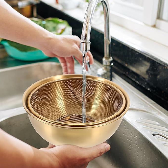 Luxshiny Stainless Steel Colander Basket with Fine Mesh Strainer and Basin for Washing Vegetables Fruits and Rice Kitchen Sink Organizer Tool