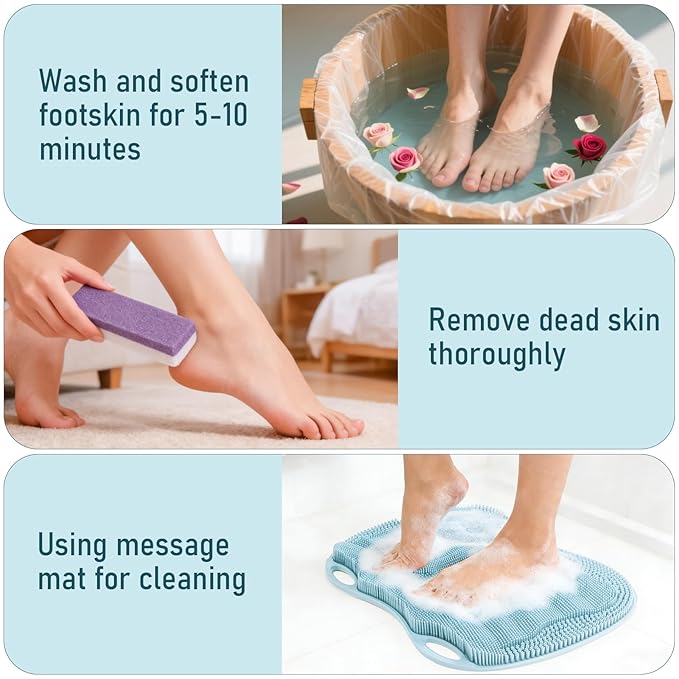Foot Scrubber Mat Large Feet Scrubber + Pumice Stone 2 Pack for Shower Floor Bathtub - Dead Skin Callus Remover, Foot Spa Toes Between Brush Exfoliating Cleaner Pad in Shower Non-slip Messager, Blue
