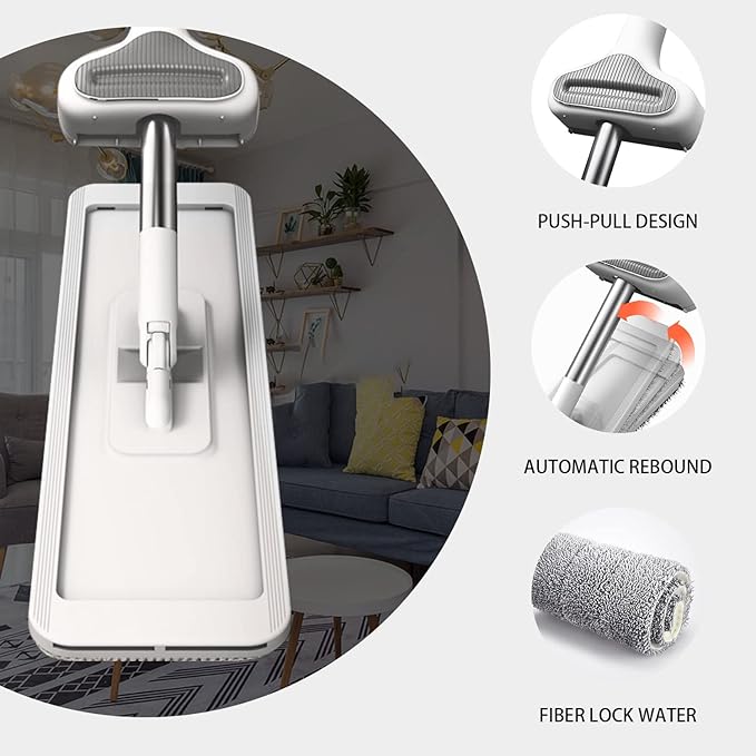 Mop and Bucket Set with Wringer, Flat Mops for Floor Cleaning, Wall Mop Cleaner with Long Handle, Hardwood Floor Mop with 6 Microfiber Pads (1 Mop + 6 Microfiber Pads + 1 Bucket)