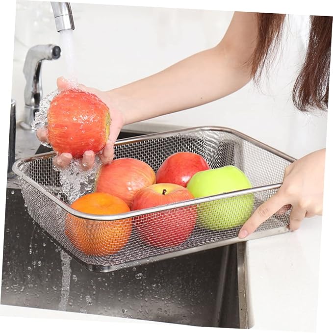 Stainless Steel Fine Mesh Drain Basket 13.4X9.8X3.1In Shallow Colander for Kitchen Sieve and Vegetable Washing Multi-Purpose Strainer with Holes for Easy Water Draining