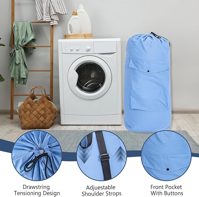 Sanlykate Canvas Backpack Laundry Bag - Extra Large Durable Dirty Clothes 2-3 Days Capacity with Adjustable Shoulder Strap & Front Pocket, for College Dorm, Apartment, Laundromats, Camping Travel