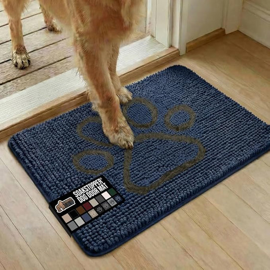 GORILLA GRIP SoakSTOPPER Dog Door Mat, 30x20 Machine Washable Rug Absorbent Doormat Captures Moisture Mud Dirt, Quick Dry Soft Chenille Entryway Rugs Indoor Entrance Mats for Dog Paws, Navy