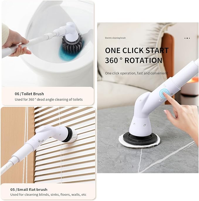 Electric Spin Scrubber, Cordless Bathroom Shower Cleaner, Cleaning Brush with 9 Brush Heads 2H Power Dual Speed, Adjustable & Detachable Long Handle, IPX7 Waterproof for Tub Tile Floor Car