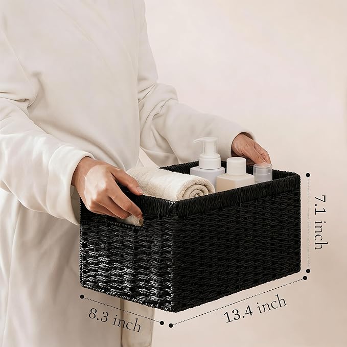 joybest Black Wicker Baskets, 13.4L x 8.3W x 7.1H inch Woven Paper Rope Storage Baskets for Organizing, Foldable Rectangular Bin with Handles for Pantry, 2-pack
