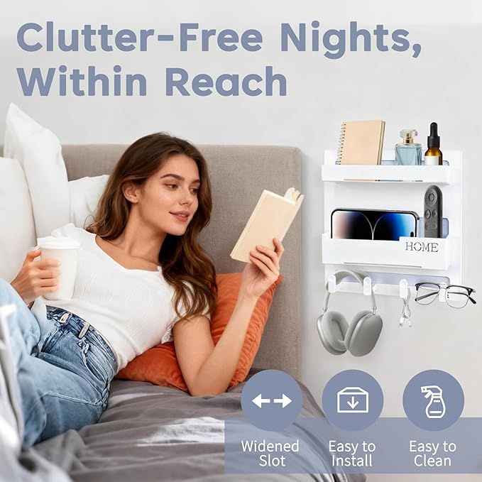 Bedside Shelf for Dorm Bed & Small Spaces - No Drill Floating Wall Organizer, Wall Mounted Bed Shelf Storage, Dorm Room Essentials for Girls, Cute Storage Decor for Bunk Bed, Small Room