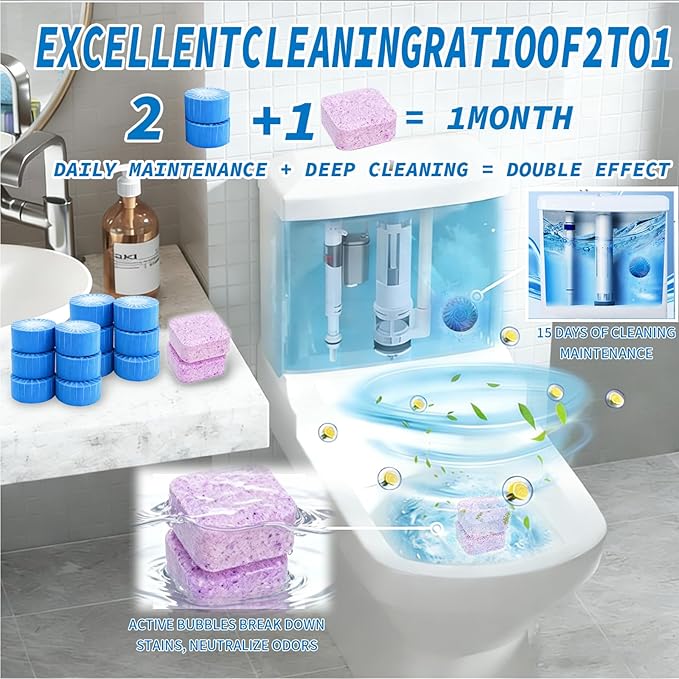 48PACK Toilet Cleaning Tablets Set - 16 Effervescent Toilet Bowl Cleaners Tablets + 32 Blue Toilet Tank Tablets, Double-Action Formula for Stain, Water Deposit Removal