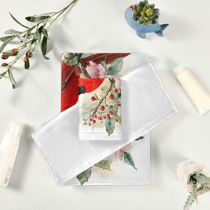 Pfrewn Christmas Winter Towels Set of 3 Red Cardinal Bird on Beautiful Flowers Bathroom Towel Soft Absorbent Bath Hand Towels Washcloth Guest Towel Sets Xmas Holiday Decor