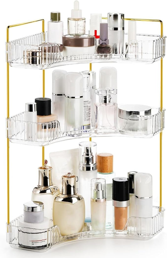 3 Tiers Corner Bathroom Counter Organizer, Clear Countertop Shelf Storage Rack, Cosmetic Perfume Tray Standing Holder with Gold Metal Pole, Skincare Sink Organizer for Vanity Kitchen