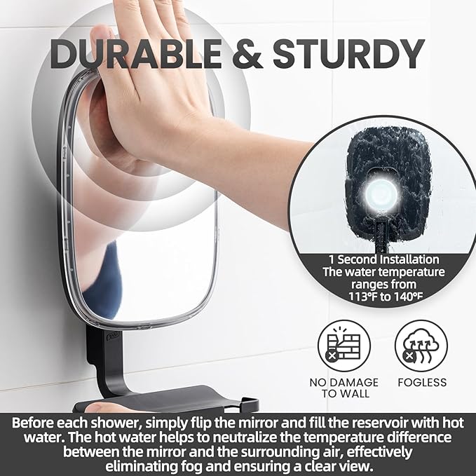 TAILI Fogless Mirror for Shower with Squeegee,Removable Fog Free Suction Mirror with Razor Holder for Shower Accessories,Bathroom, Adjustable,Shatterproof - for Men and Women-Black