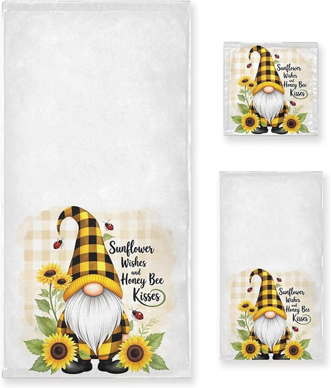 Pfrewn Gnome Sunflower Flowers Towels Set of 3 Bee Plaid Spring Bathroom Towel Soft Absorbent Bath Hand Towels Washcloth Guest Towel Sets Bathroom Decorations