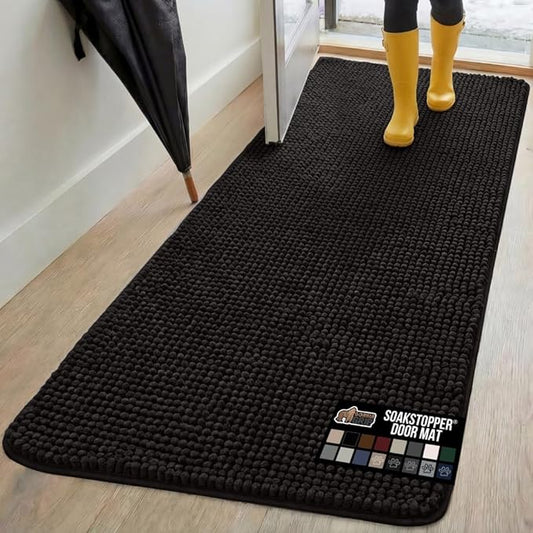 GORILLA GRIP SoakSTOPPER Dog Door Mat, 70x24 Machine Washable Rug Absorbent Doormat Captures Moisture Mud Dirt, Quick Dry Soft Chenille Entryway Rugs Indoor Entrance Mats for Dog Paws, Black