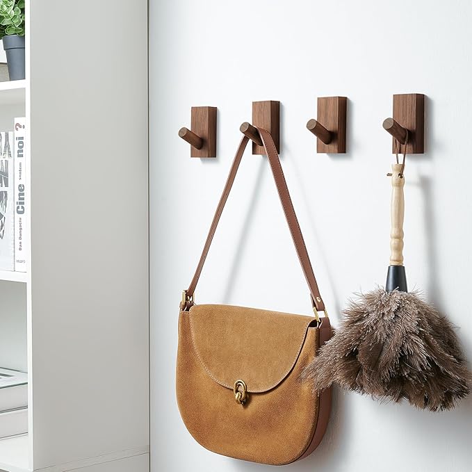 Natural Wooden Wall Hooks, Adhesive & Screw Mount Coat and Towel Hooks - Decorative Key Holder, Hat Rack, Stocking Wall Hangers for Bathroom Entryway Closet - 4 Pack, Walnut Wood