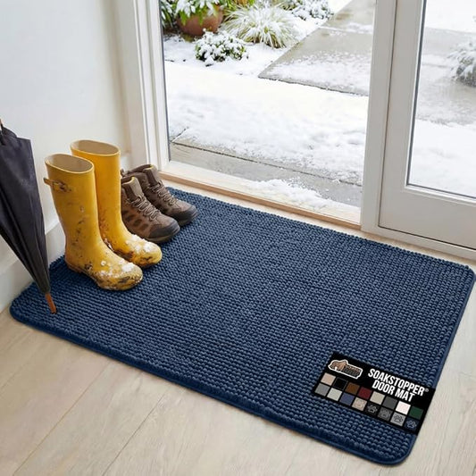 GORILLA GRIP SoakSTOPPER Dog Door Mat, 48x30 Machine Washable Rug Absorbent Doormat Captures Moisture Mud Dirt, Quick Dry Soft Chenille Entryway Rugs Indoor Entrance Mats for Dog Paws, Navy Blue