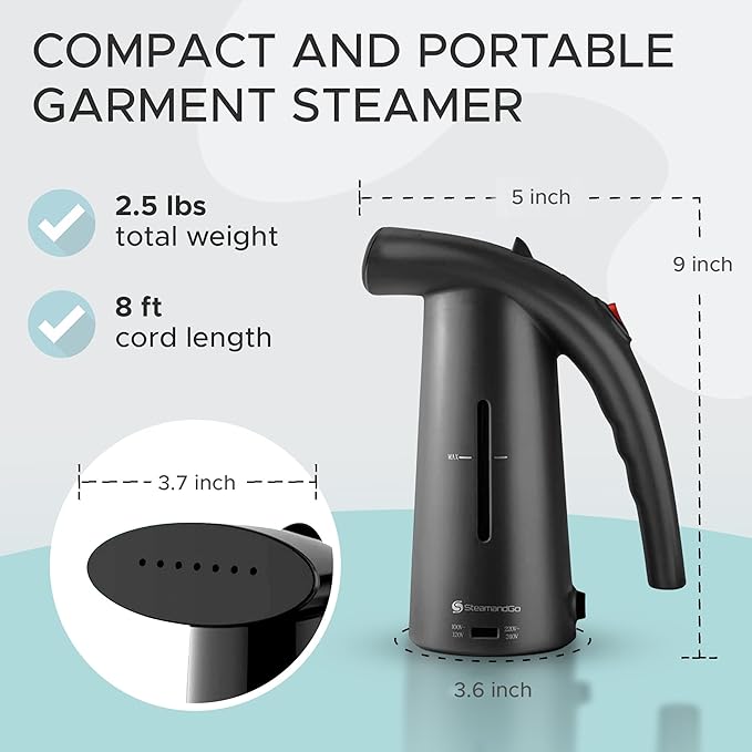 Steam & Go Portable Clothes Steamer - Compact Handheld for Shirts & Garments | Powerful Quick-Heating Corded Dual Voltage Travel Friendly - Black