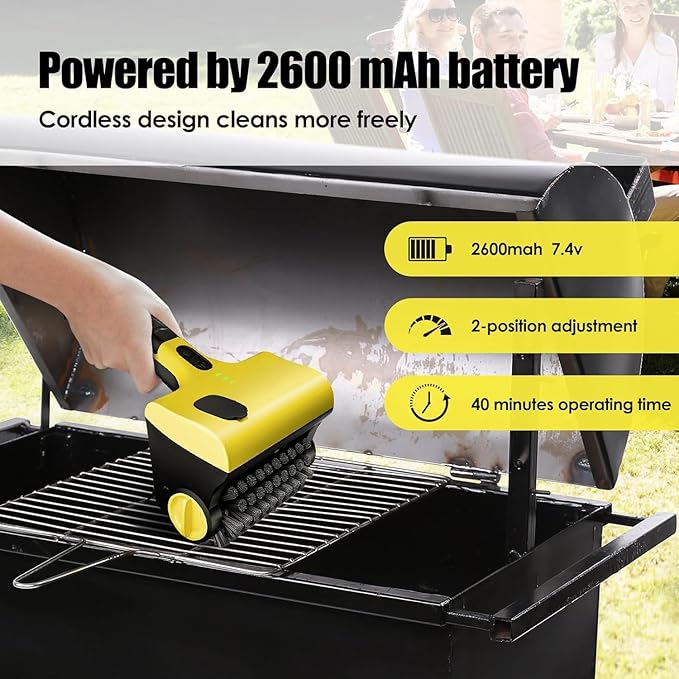 Electric BBQ Brush, Cordless BBQ Brush, Electric BBQ Cleaning Brush with Liquid Box, with 2 Adjustable Speed 360° Rotating Heads, Two Replaceable Heads for BBQ Bathroom Kitchen