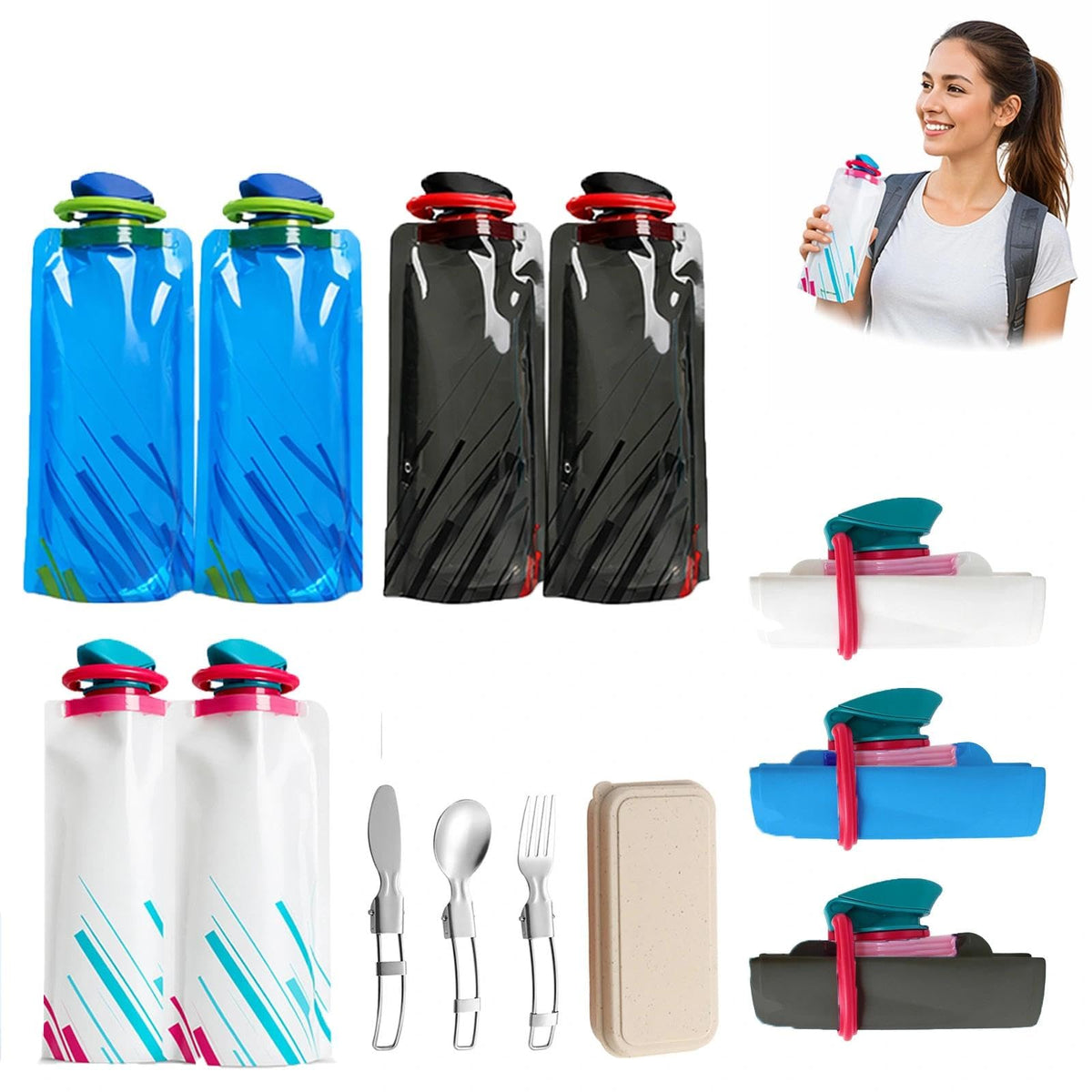Collapsible Water Bottles 6 Pack with Folding Cutlery Set - Image 1
