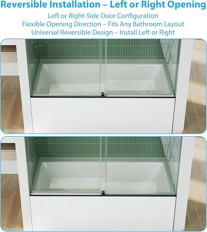 Bathtub Shower Door Glass Sliding 60 Inches,56-60" W x 59" H Frameless Dual Sliding Shower Glass Doors, 6mm Tempered Glass with Stainless Steel Square Rail for Modern Bathroom Matte Black