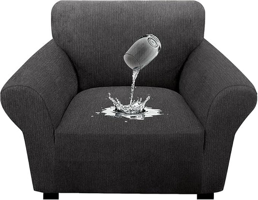 Waterproof Stretch Spandex Chair Sofa Slipcover - Non-Slip Soft Couch Cover with Elastic Bottom, Washable Leakproof Furniture Protector for Kids, Pets, Dogs & Cats (Chair, Dark Gray)