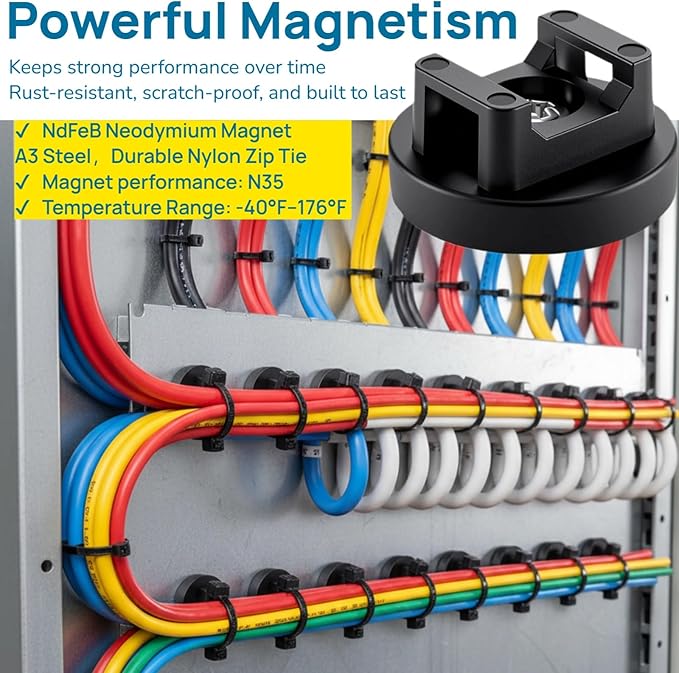 Magnetic Cable Ties Set, 25 Magnetic Zip Tie Mounts with 200 Cable Ties, Strong Wire Holder Cables Management, Multipurpose Electrical Cord Management Cord Holders Organizer (31mm)