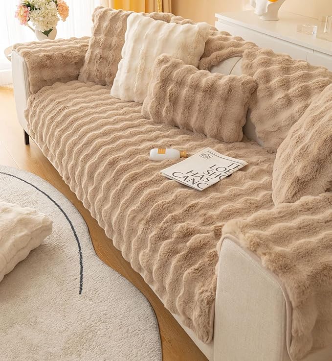 Soft Warm Faux Fur Couch Sofa Cover Thick Shaggy Fuzzy Sectional Couch Cover Non-Slip Solid Color Plush Sofa Slipcover Furniture Protector for Kids, Pets (Coffee,43"x70")