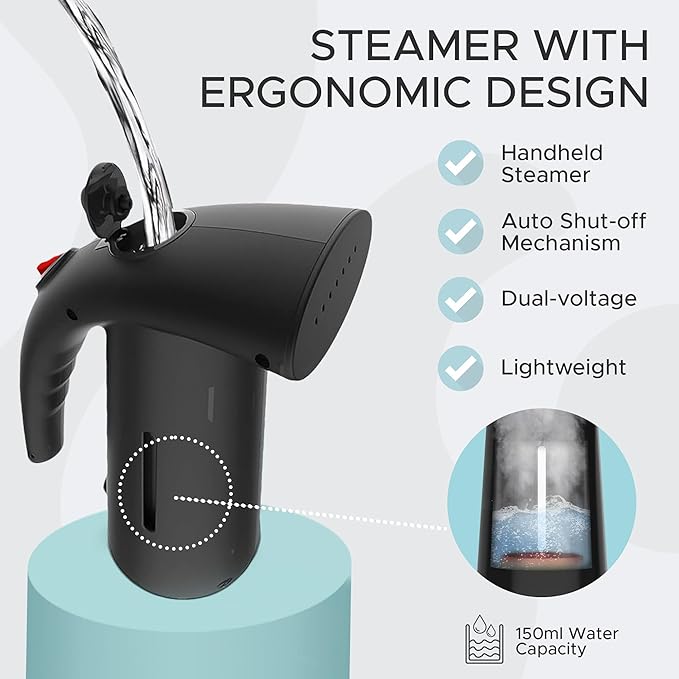 Steam & Go Portable Clothes Steamer - Compact Handheld for Shirts & Garments | Powerful Quick-Heating Corded Dual Voltage Travel Friendly - Black