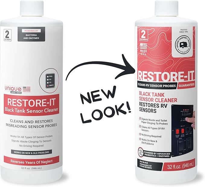 Unique Restore-It RV Sensor Cleaner Liquid - Cleans and Restores Misreading Sensor Probes by Removing Stuck-On Waste in Black Tanks - 2 Treatments Per Bottle (32 oz, 2-Pack)