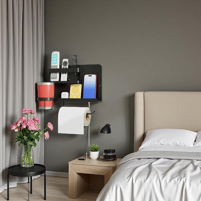 Floating Shelves for Bedside, Self Stick On Wall Mount Shelf Organizer with Hooks, Cute Room Decor Aesthetic, Multi-Functional Storage for Bedroom, Office, No Drilling Adhesive Hanging Shelf (Black)