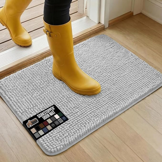 GORILLA GRIP SoakSTOPPER Dog Door Mat, Machine Washable Rug Absorbent Doormat Captures Moisture Mud Dirt, Quick Dry Soft Chenille Entryway Rugs Indoor Entrance Mats for Dog Paws, 24x17 Light Gray