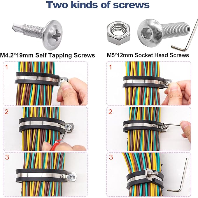 Taiss 50PCS 3/8 Inch Cable Clamps 304 Stainless Steel Rubber Cushion Insulated Wire Clamps,Pipe Clamps,Loop Clamps,Hose Clamp,Metal Rubber Clips With Two Kinds Of Screws(10mm) F-098-10mm