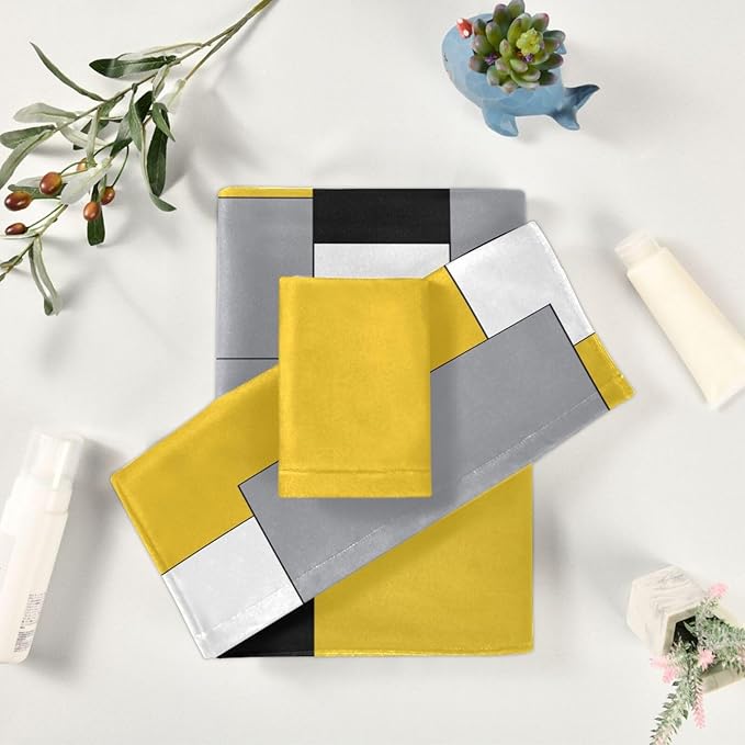 Yellow Black Geometric Bath Towels Set,Ultra Soft 3 Piece White Grey Abstract Modern Towels for Bathroom,1 Bath Towel 1 Hand Towel 1 Washcloth,Absorbent Quick Dry Decoractive Bathroom Towels