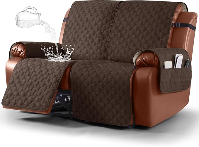 Ruaozz Waterproof Recliner Sofa Covers, 1-Piece Couch Covers for Reclining Couches Reclining Couch Cover Washable Furniture Protector with Elastic Straps Pocket for Kids Pets (Dark Brown, 2 Seater)