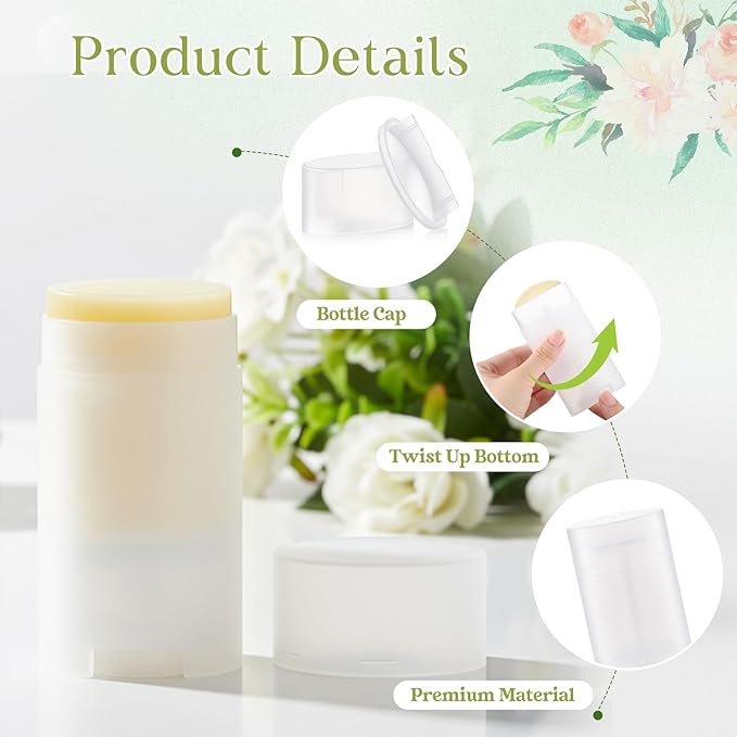 50 Pack Transparent Empty Deodorant Containers, 75ml/2.5oz, Bottom Filling, Refillable Deodorant Tubes Lipstick Balm Tubes Twisted, Plastic Oval for Homemade DIY Aromatherapy, Balm, Lotion