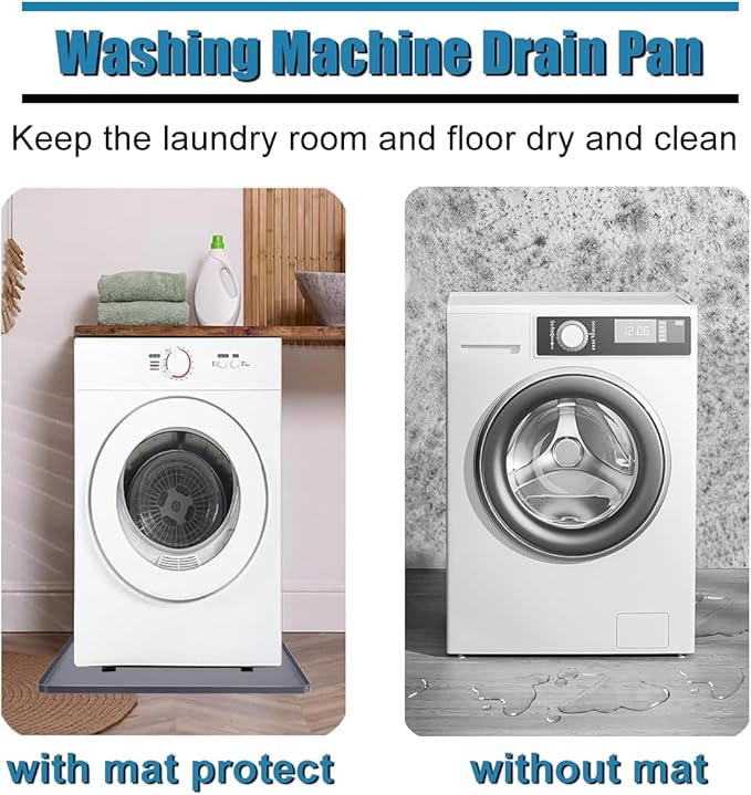 Washing Machine Pan Washer Drain Pan Silicone Mat, Washer Tray Soft Bottom Pad Under Dryer Drip Pan Floor Protector, 27x27 Inch Non-Slip Leak Pan Anti-Vibration Waterproof Washer Drip Tray (gray)