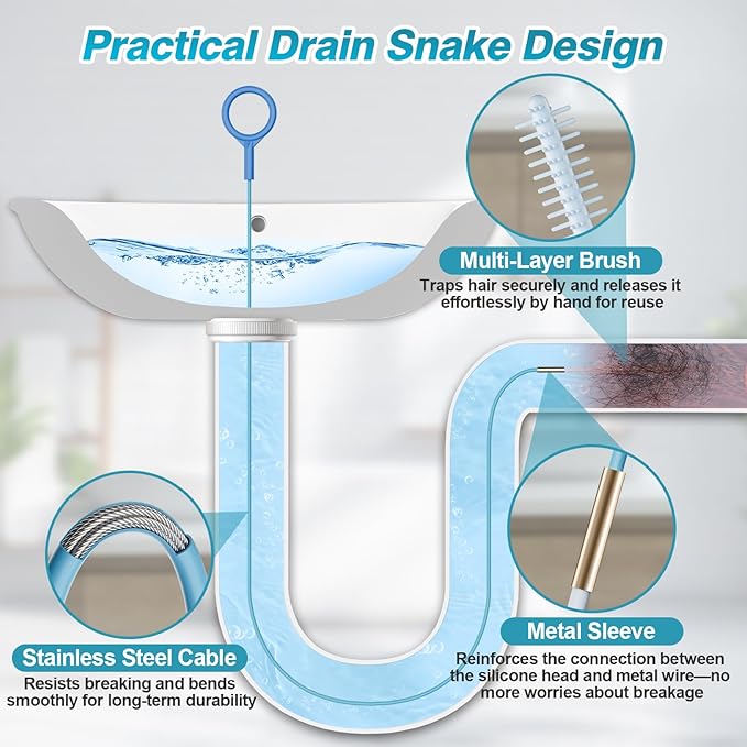 4 Pack Snake Drain Hair Removal Tool, Reusable Drain Snake Hair Drain Clog Remover Tool, 50 Inch Anti-break Steel Shower Drain Snake for Bathtub, Bathroom Sink Drain Unclog