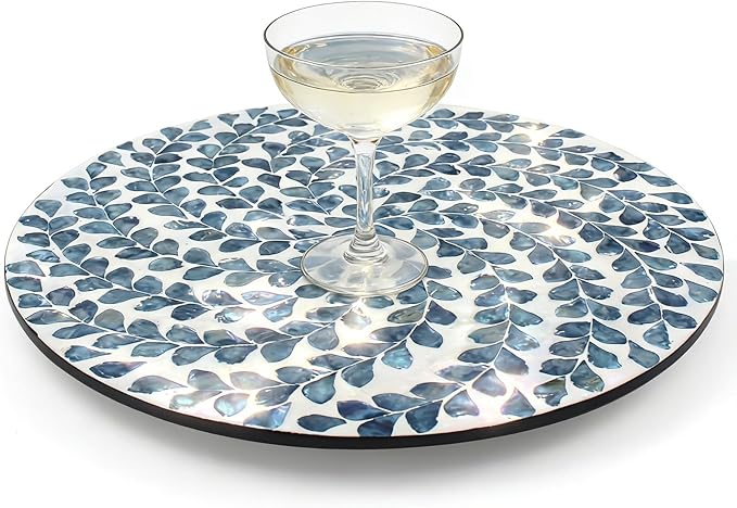 13.4" Mother of Pearl Lazy Susan, 360 Degrees Rotating Table Turntable Organizer Round Wood Spinning Tray for Countertop Table Cabinet Living Room Kitchen Office Home Decor (Blue Willow)