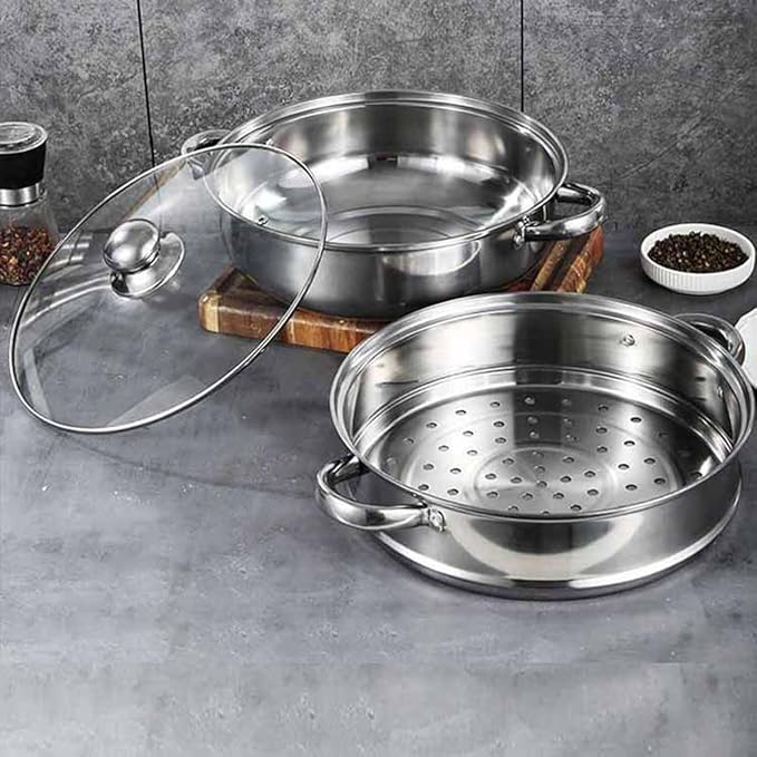 Steamer Pot for Cooking [Large Capacity] 11.8 inch Steamer Pot, 2-tier Multipurpose 18/8 Stainless Steel Steam Pot Cookware with Lid for Vegetable, Dumpling, Stock, Sauce, Food