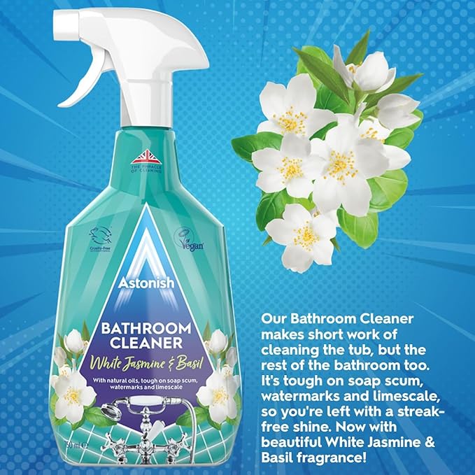 Astonish Streak Free Foaming Bathroom Cleaner Spray Bottle 3 Pack - Deep Cleaning White Jasmine & Basil Scented Spray for Soap Scum, Watermarks & Limescale - Cleaning Supplies, 750 ml Bottle